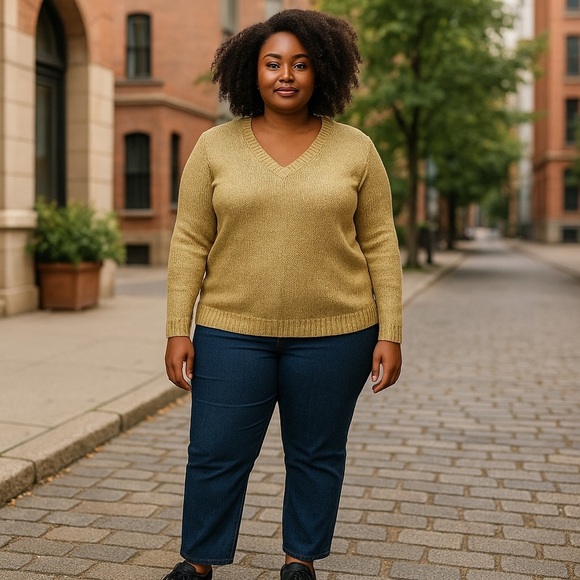 LAUREN RALPH LAUREN METALLIC GOLD V-NECK 3/4 SLEEVE RIBBED PULLOVER SWEATER - Picture 1 of 14